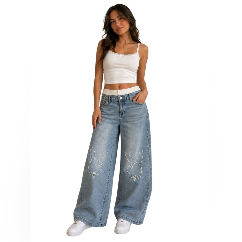 Playboy High Waisted Wide Leg Bunny Embroidered Light Wash Denim Jeans size 7